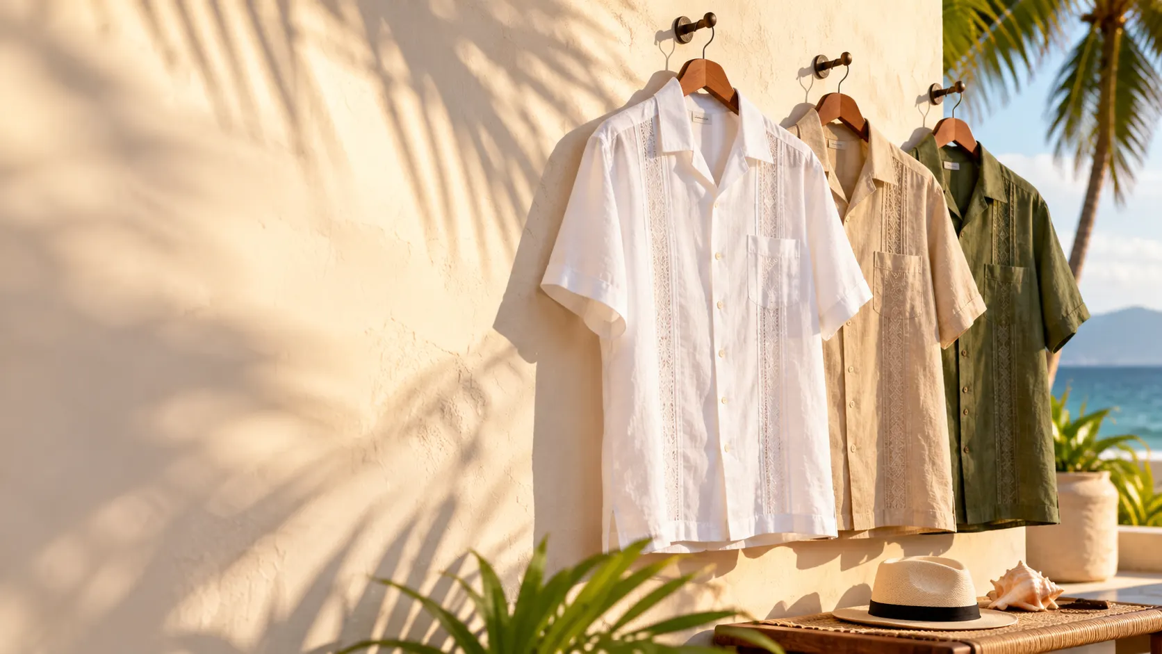 Guayaberas de lino blanca, beige y verde olivo colgadas junto al mar